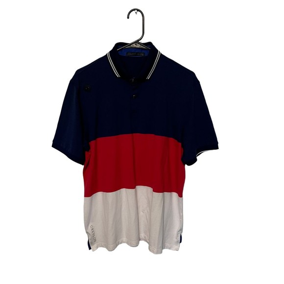 Greyson Golf Polo Shirt Mens Large Red White Blue Performance Stretch Wolf Logo - Picture 1 of 11